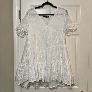 SWEET BRODERIE ANGLAISE V NECK MINI BABYDOLL DRESS - WHITE from Rosedress